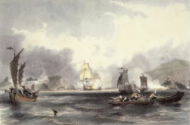 HM skibe Imogene og Andromache passerer Batterierne i Bocca-Tigris, ca. 1850