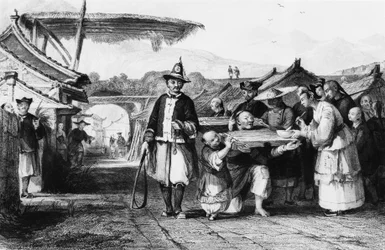 Afstraffelse med tcha eller cangue (træåg eller søjle), gravering af Thomas Allom (1804-1872) fra det kinesiske imperium