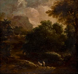 Skovklædt landskab med figurer, ca. 1789-1847 (olie på panel)