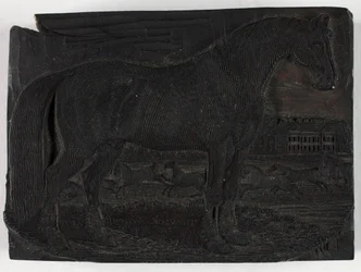 Træblok til Den sorte hest, fra en Almindelig historie om firbenede dyr