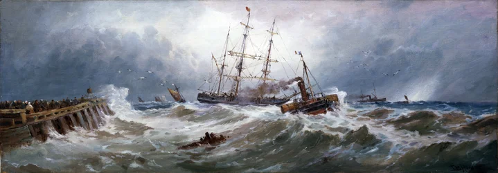En fransk slæbebåd trækker en båd i havnen i Boulogne (Frankrig) på svær sø. Olie på lærred