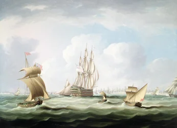 En førsteklasses med en viceadmiral fra White Board og andet håndværk i Cadiz Bay (olie på lærred)