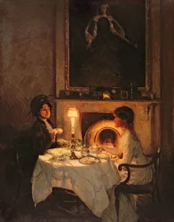 En ringer, stearinlys og te (olie på lærred)
