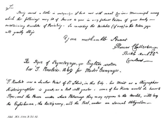 Del af et brev fra Thomas Chatterton til Horace Walpole, sent 18. århundrede, 1840