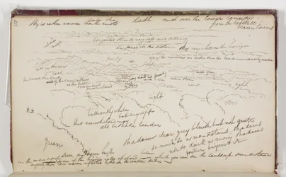 Mist Over the Lower Country from the Catskill Mountains, mellem 1801 og 1848 (pen og brunt blæk over grafitblyant på råhvidt vævet papir)
