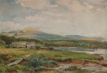 Flodscene med hytter, c1887