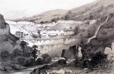 Udsigt over huler, Ajunta, Indien, 1844