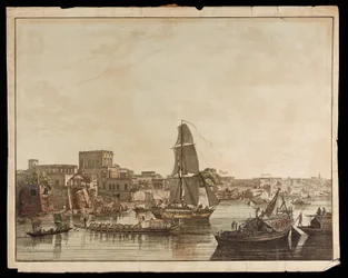 Calcutta fra floden Hoogly: Gentoo-bygninger fra udsigten over Calcutta, 1788