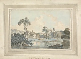 Bondegård, flod og pram