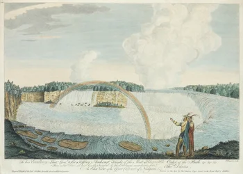 En østlig udsigt over den store grå stær i Niagara, indgraveret af J. Fougeron, ca. 1763-68