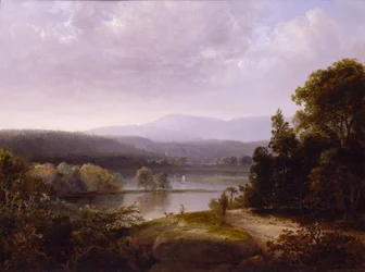 Flodudsigt med jægere og hunde, ca. 1850.