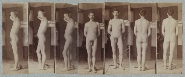 Fotografier af en stående mandlig nøgenmodel Joseph Smith, ca. 1883.