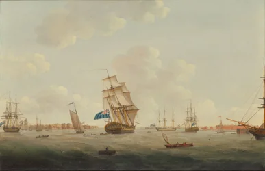 Et panorama af Portsmouth havn med krigsskibe og anden skibsfart