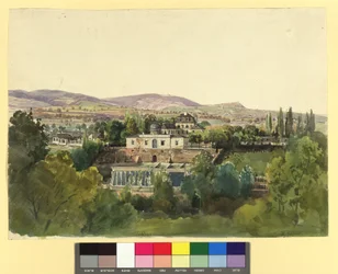 Udsigt fra Döbling over Kahlengebirge og baron Johann von Langs villa (Nußwaldgasse 19 henholdsvis 22)
