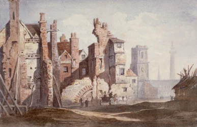 Nedrivning af gamle huse nær Walbrook for at gøre plads til King William Street, City of London, 1834.