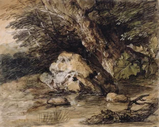 Et kuperet landskab med figurer, der nærmer sig en bro, ca. 1763 (wc og gouache på papir)
