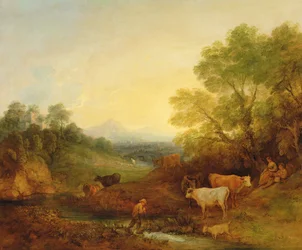Et landskab med kvæg og figurer ved en strøm og en fjern bro, ca. 1772-4 (olie på lærred)