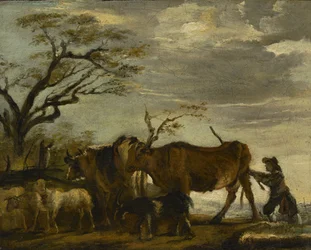 En bonde, der driver kvæg, får og geder i et landskab, c.1785