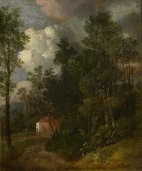 Et skovklædt landskab med figurer ved et hus, c.1752