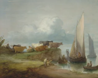 Kvæg på en flodbred med sejlbåde, 1780-84