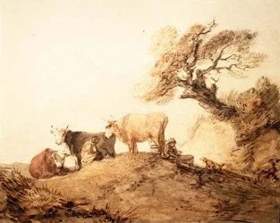 Kvæg med drovers og en hund under et træ (akvarel)