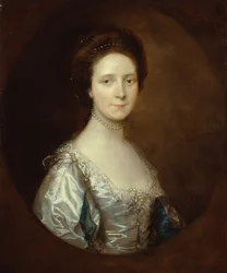 Elizabeth Parry iført en hvid kjole og blå ærmer (olie på lærred)