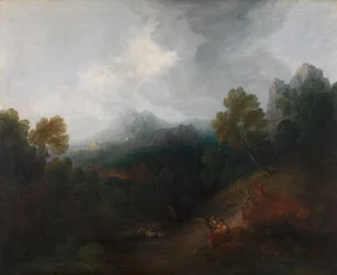 Bjergdal med figurer og fjern landsby