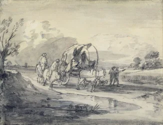 Åbent landskab med hyrde og overdækket vogn, ca. 1780-85 (grå og sort vask og kridt lagt på papir)