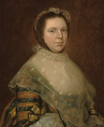Portræt af Elizabeth Prowse, halvlangt, i en blå og guld kjole
