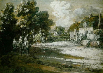 Rejsende, der passerer en landsby (sort-hvidt kridt på papir)