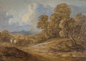 Skovklædt landskab med skikkelser til hest, 1785-1788.