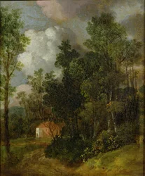 Skovklædt landskab med landsted og to figurer, ca. 1752 (olie på lærred lagt på lærred)
