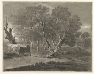 Skovklædt landskab med køer ved siden af en pool, figurer og sommerhus, 1775-80.