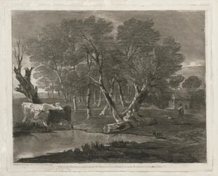 Skovklædt landskab med køer ved siden af en pool, figurer og hytte, udgivet i 1797.