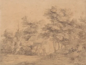 Skovklædt landskab med figurer, æsler og sommerhus