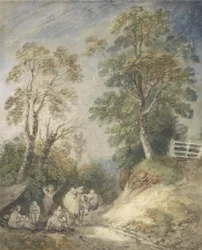 Skovklædt landskab med sigøjnerlejr, ca. 1760-65 (akvarel og gouache over blyant og kridt på papir)