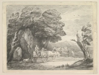 Skovklædt landskab med to landevogne og figurer, 1. august 1797.