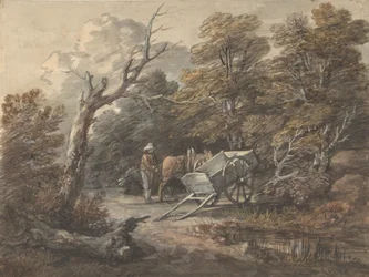 Skovscene med en bonde, en hest og en vogn, ca. 1760.