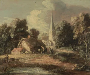 Landskab med sommerhus og kirke