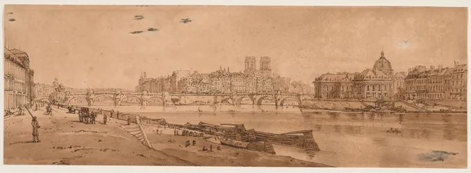 Et udvalg af tyve af de mest maleriske udsigter i Paris: Udsigt over Pont Neuf, en del af Louvre, Notre-Dame og Collège des Quatre-Nations