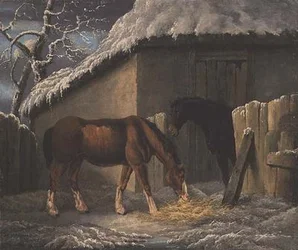 Vinterlandskab med to heste, der æder uden for en stald (dateret 1804)
