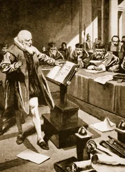 Galileo møder op foran kardinalerne (litografi)