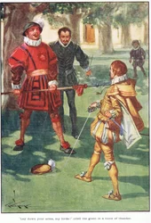 "Læg jeres våben, mine herrer!" råbte kæmpen med en tordenstemme (farvelitografi).