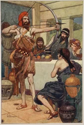 Odysseus straffer bejlerne (farvelitografi)