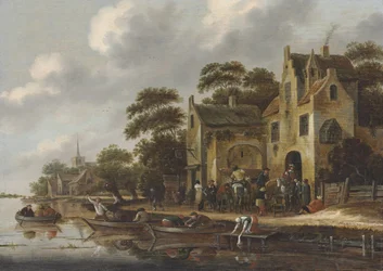 Bredden af en flod med figurer i robåde og rejsende uden for en kro, en kirke bagved.