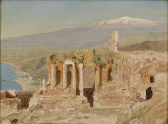 Udsigt over ruinerne af det græske teater ved Taormina og Etna, Sicilien
