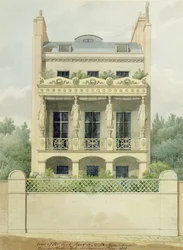 Udsigt over bagsiden af Henry Phillip Hopes hus mod Hyde Park i Seymour Place, 1818 (pen & blæk og wc over grafit på papir)