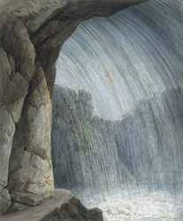 Under kaskaden (akvarel og kridt på papir)