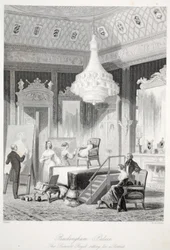 Buckingham Palace - The Princess Royal sidder til et portræt, fra London Interiors med deres Costumes and Ceremonies pub. Joseph Mead, London, c.1843 stålgravering