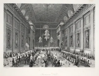 Frimurernes sal, fra «London Interiors with their Costumes and Ceremonies», udgivet af Joseph Mead, London, ca. 1843